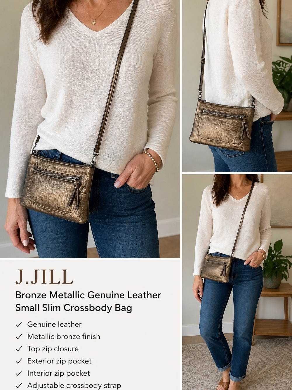 J. Jill Bronze Metallic Genuine Leather Small Slim Crossbody Bag Purse